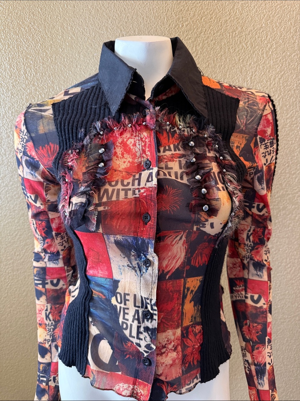 Women's Abstract Patchwork Button-Front Shirt - Red Black 90’s Vintage